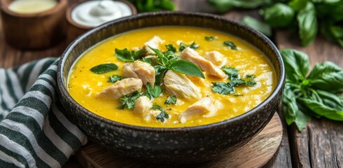 A bowl of yellow soup with chicken and green herbs on top, placed against the background of a wooden texture. The side is decorated with fresh greens to add color contrast. 