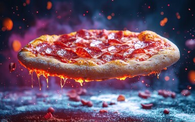 Levitating pepperoni and bacon pizza with glowing crispy edges on vibrant backdrop