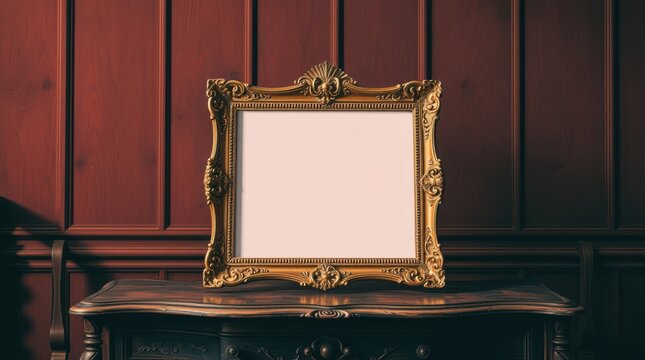Ornate gilded frame on antique table against paneled wall, offering blank space for personalized display.