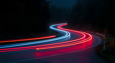 Winding road at night with red and blue light trails. Long exposure of car headlights and taillights on dark curved highway. Glowing neon effect. Motion blur cityscape background for transport design