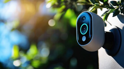 Outdoor Security Camera Mounted on a Wall Surrounded by Lush Greenery in Bright Daylight