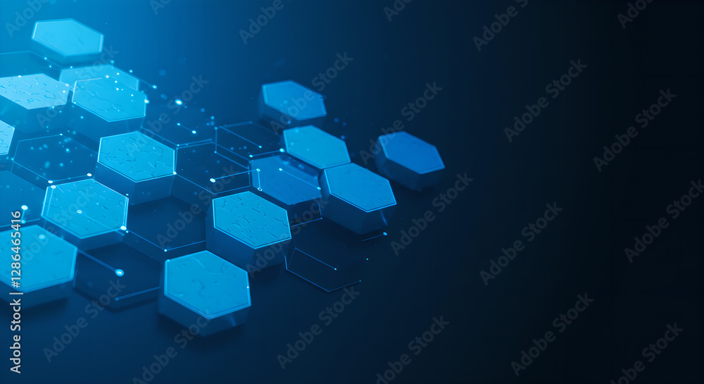 Poster blue glowing hexagons on dark background. abstract technology pattern with connected shapes. digital