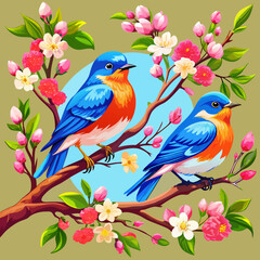 Colorful Bluebirds with Cherry Blossoms and Vibrant Spring Flowers on Orange Background

