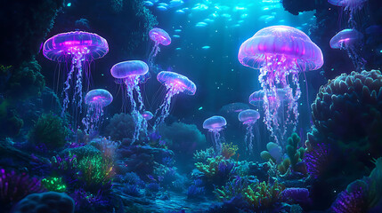 Enchanting Underwater Alien Ecosystem with Bioluminescent Marine Life in Ethereal Aquatic Paradise