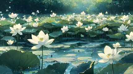 Serene Pond of White Lotus Flowers Peaceful Nature Scene Artistic Illustration