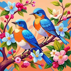 Colorful Bluebirds with Cherry Blossoms and Vibrant Spring Flowers on Orange Background

