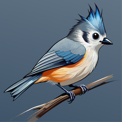 Cute Cartoon Tufted Titmouse with Fluffy Feathers and Blue Orange Plumage

