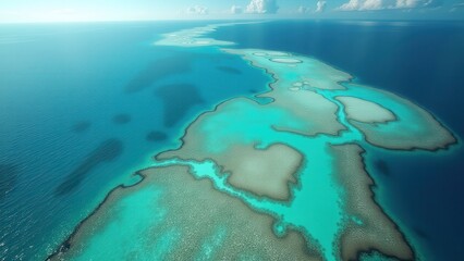 Fototapeta premium Aerial view of coral bleaching in tropical reef with clear blue ocean and cloudy sky 