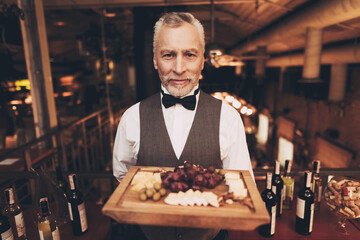 Sommelier is holding snacks for red wine on wooden plate. Grapes. Cheese. Olives. Walnut.