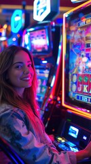 Young woman smiling at a slot machine in a lively casino with colorful lights, exciting atmosphere