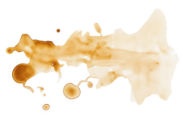 Abstract coffee stains and splashes in various shapes and sizes, creating a textured pattern, isolated on white background