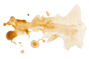 Abstract coffee stains and splashes in various shapes and sizes, creating a textured pattern, isolated on white background