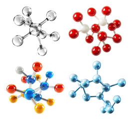 Set of colorful molecular structures, isolated on transparent cutout background