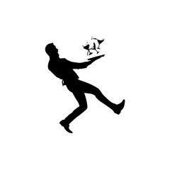 A waiter is lying with a cocktail on a tray. Vector. Black and white background.