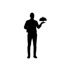 A waiter standing with a tray in his hand, vector. Black and white background.