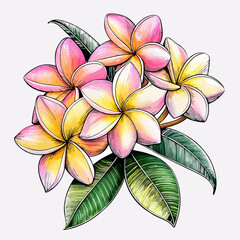Obraz premium Plumeria Flowers with Vibrant Pink and Yellow Petals in Detailed Botanical Illustration