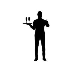A waiter stands with a tray in his hand and two glasses of wine on top. Vector. Black and white background.