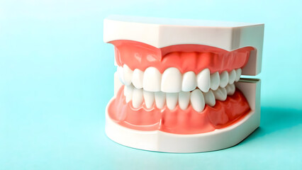 Obraz premium Dental model of human teeth and gums on blue background, orthodontic jaw replica for dentistry, oral health, and dental care education