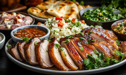 Roasted duck dish with side dishes, festive meal, diverse cuisine