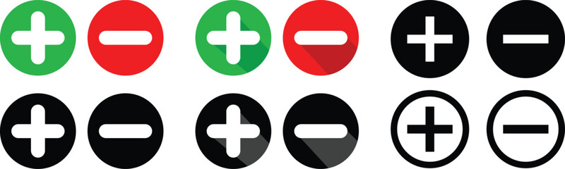 Fototapeta premium Add and Subtract Icons. Set of plus and minus symbols in circular and square shapes, positive and negative signs, vector icons, geometric symbols for math, web, and UI design elements