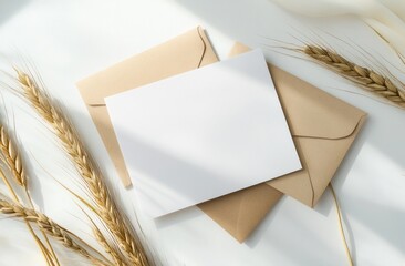 Blank note card, envelopes, wheat stalks on white background. Potential use Mockup for branding