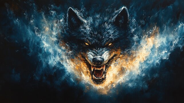 Fierce Wolf in Flames Digital Art Print - Powered by Adobe