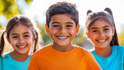 Three happy children are smiling and posing together outdoors, in a close-up portrait with the focus on the boy in the center of the frame wearing an orange T-shirt and having dark hair. His two femal