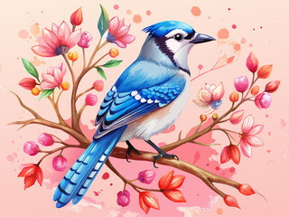 Photorealistic Blue Jay Perched on Cherry Blossom Branch with Vibrant Colors and Spring Theme in Botanical Illustration

