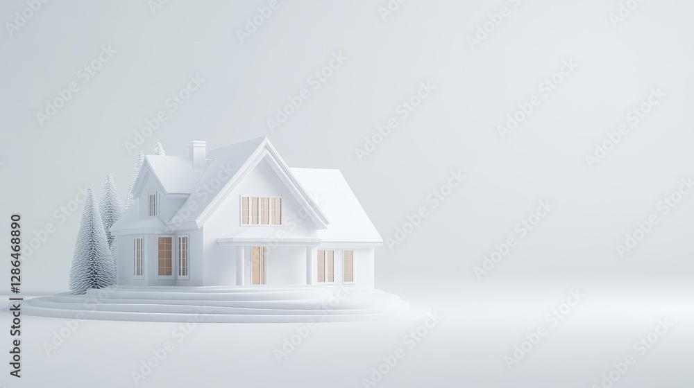 Poster white model house with soft shadows on minimalistic light gray background architectural concept of m