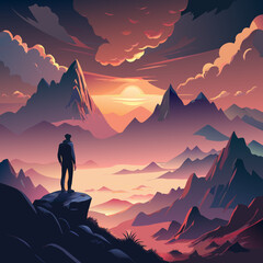 Naklejka premium Mountain Landscape with Silhouette Figure and Dramatic Sunset in Epic Fantasy Illustration