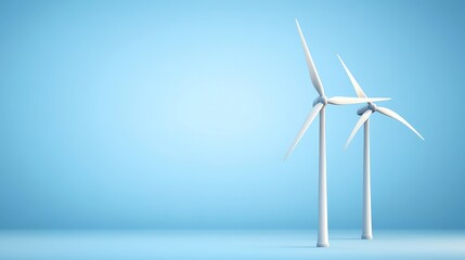 Two wind turbines with blue sky and clear horizon representing sustainable energy solutions and technological progress for environmental innovation