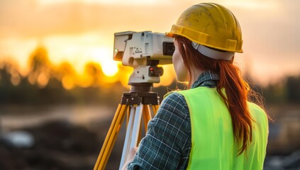 A female land surveyor using the digital total station on site, with red hair, wearing a yellow safety helmet and green vest, in the golden hour lighting, with a construction background, in a photorea