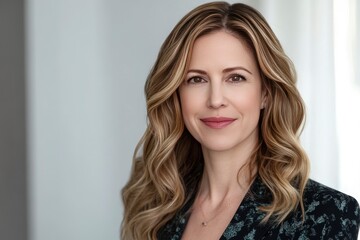 Fototapeta premium Portrait of a confident woman with wavy hair in a stylish outfit, standing indoors with soft lighting