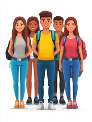 Fototapeta premium Group of diverse students with backpacks smiling confidently standing together representing youth education and academic community lifestyle