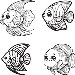 Playful Cartoon Fish Illustrations – Fun Black-and-White Aquatic Vector Art