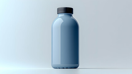3D Illustration - Sleek Blue Bottle with Black Cap on Soft Blue Background