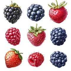 wild berries mix, raspberry, blueberries, blackberries isolated on transparent background