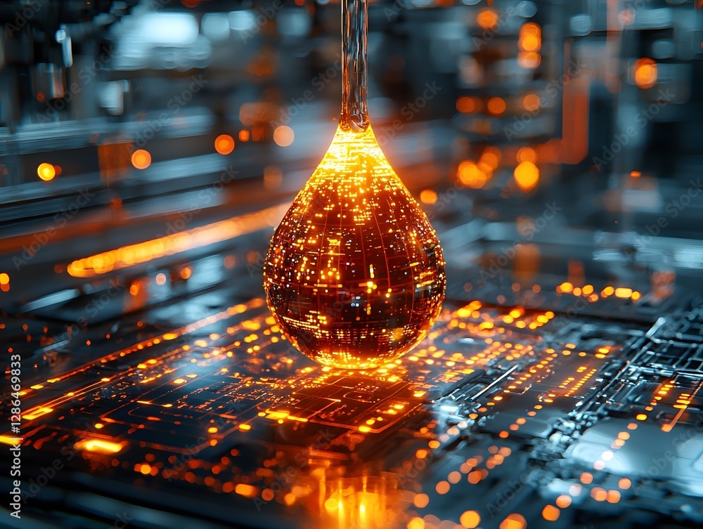 Aufkleber futuristic glowing oil drop in high tech lab with digital holographic elements symbolizing innovatio