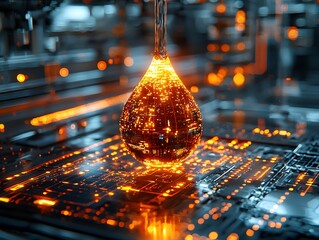 Futuristic Glowing Oil Drop in High Tech Lab with Digital Holographic Elements Symbolizing Innovation and Technology