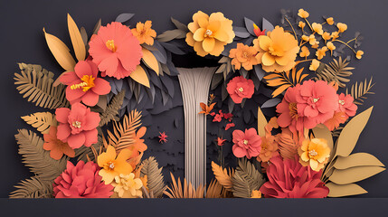 Paper cut spring flowers and leaves Fresh spring nature background. Floral with leaves cut of paper Flower paper style, colorful rose, paper craft floral