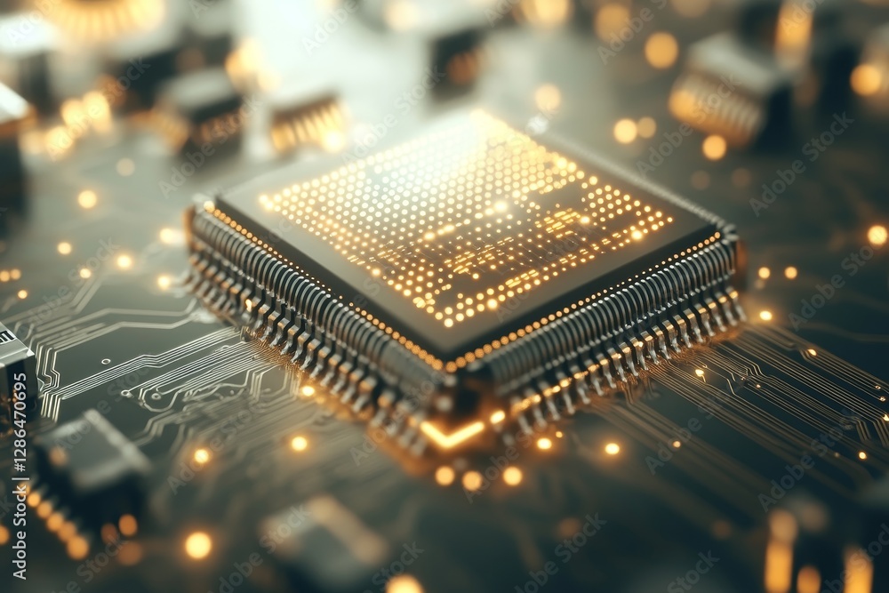 Poster close-up of advanced microchip with glowing connections and patterns