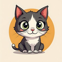 Obraz premium Adorable grey and white kitten sitting sweetly against sunny orange backdrop