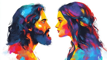 A digital painting depicting Jesus and Mary, side by side in profile view, with vibrant colors on a white background. The illustration captures their expressions as they gaze at each other, conveying 