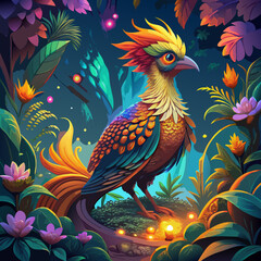 Vibrant Fantasy Parrot with Golden Crest Feathers and Iridescent Plumage in Lush Jungle Setting

