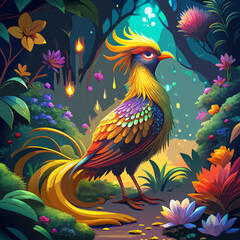 Vibrant Fantasy Parrot with Golden Crest Feathers and Iridescent Plumage in Lush Jungle Setting

