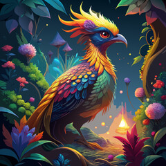 Fototapeta premium Vibrant Fantasy Parrot with Golden Crest Feathers and Iridescent Plumage in Lush Jungle Setting