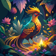 Vibrant Fantasy Parrot with Golden Crest Feathers and Iridescent Plumage in Lush Jungle Setting

