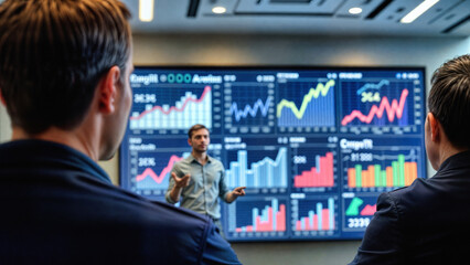 Financial analyst presents market trends and investment data on large dashboard screen. Corporate team examines digital charts, graphs and analytics for trading strategy and portfolio management.