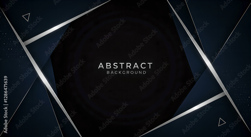 Poster modern dark geometric background with metallic silver frames. black circular center with text space.