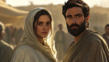 A digital painting of Mary and Joseph, the mother in white with her hair tied back wearing an open headscarf, and the father figure who has a dark brown, short beard, dressed in a grey robe, looking a